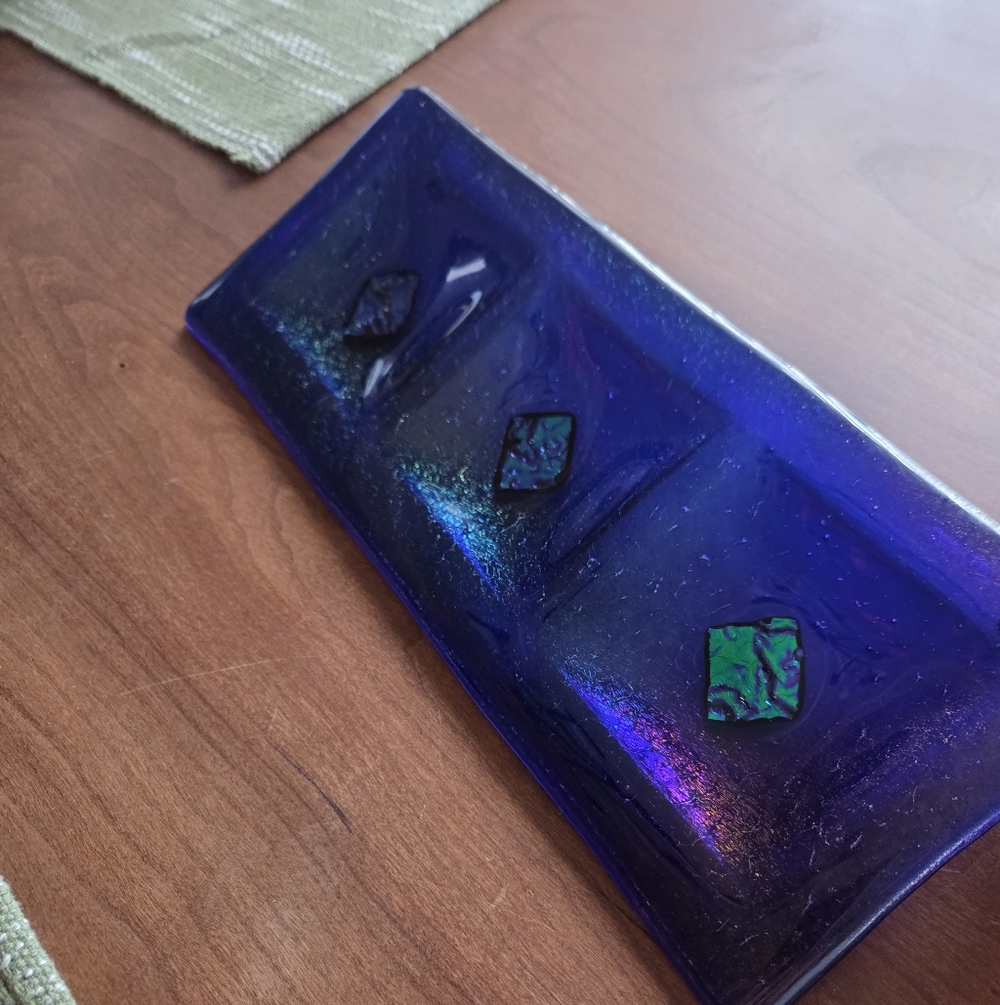 Fused Dichroic Art Glass Signed Tri Section Dish